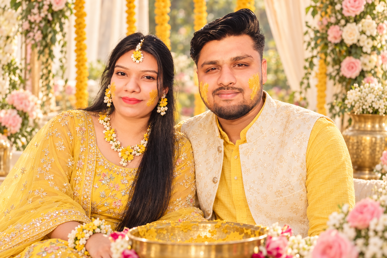 Portrait of Rahul and Jyoti celebrating haldi in yellow outfits