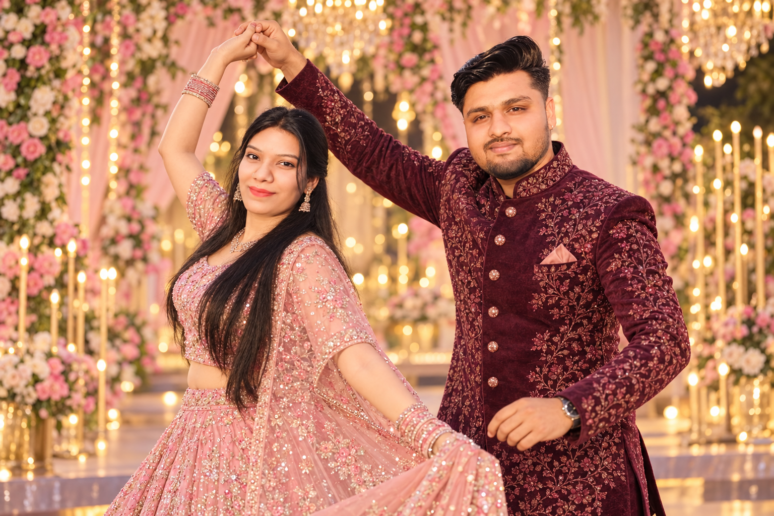 Portrait of Rahul and Jyoti dancing at their sangeet