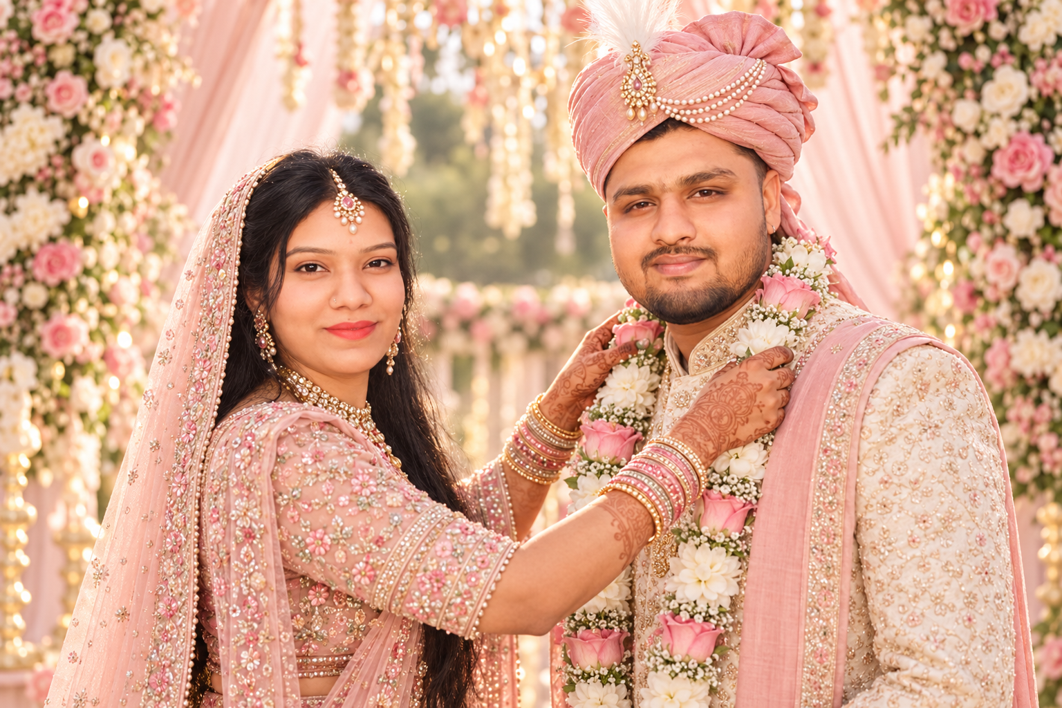 Portrait of Jyoti placing a flower garland on Rahul during varmala